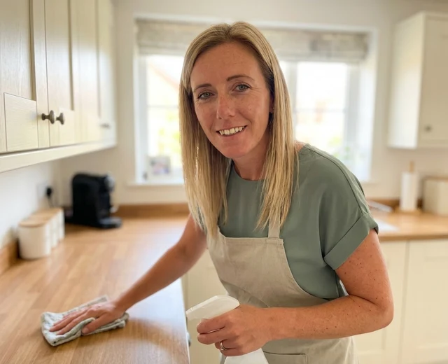 Chantelle Barratt spray-and-wipe cleaning a worktop in a Repton home