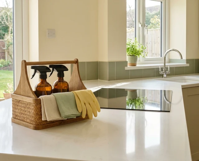 Cleaning caddy and supplies ready on a spotless Repton kitchen worktop