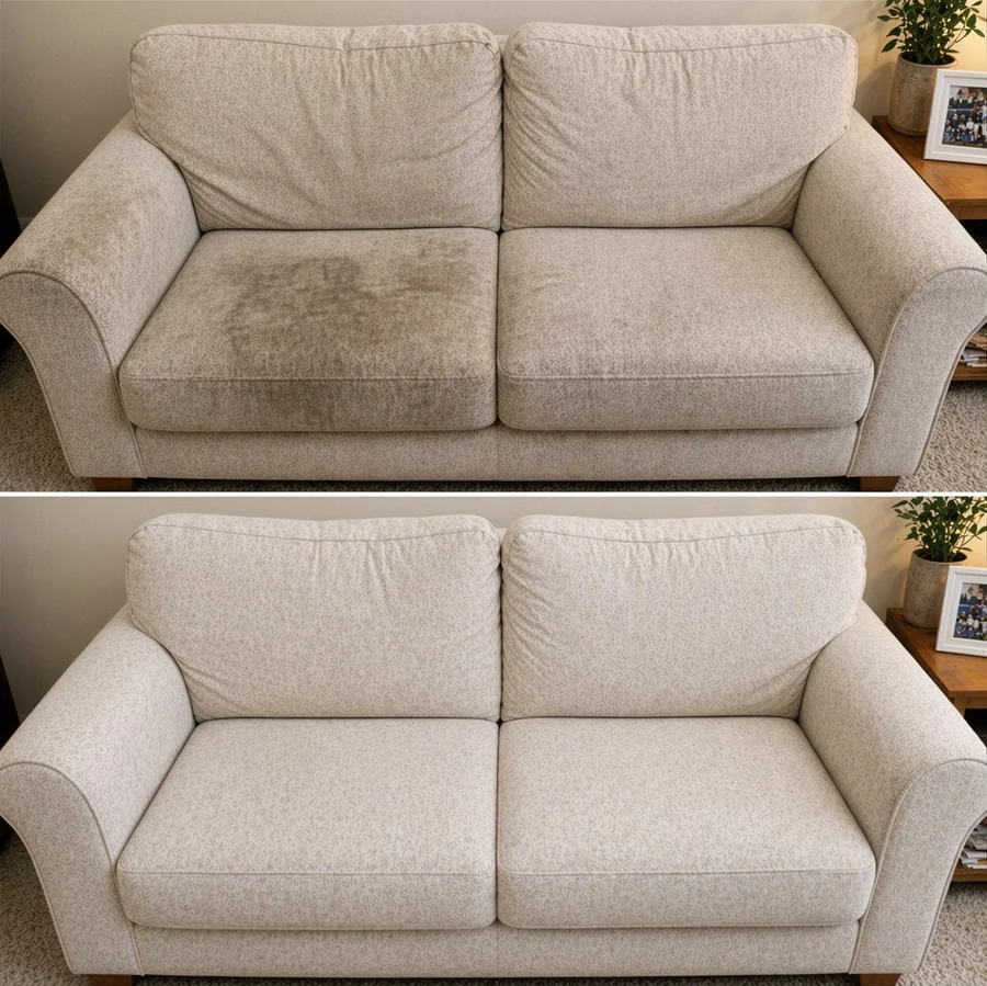 Before and after a fabric sofa clean in Repton, ground-in grime lifted and the fabric freshened
